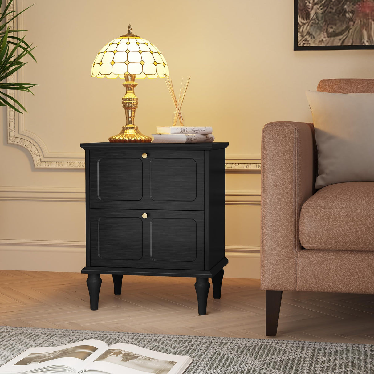 Mid-Century Modern Nightstand with Storage Drawers and Solid Wood Legs, Wood End