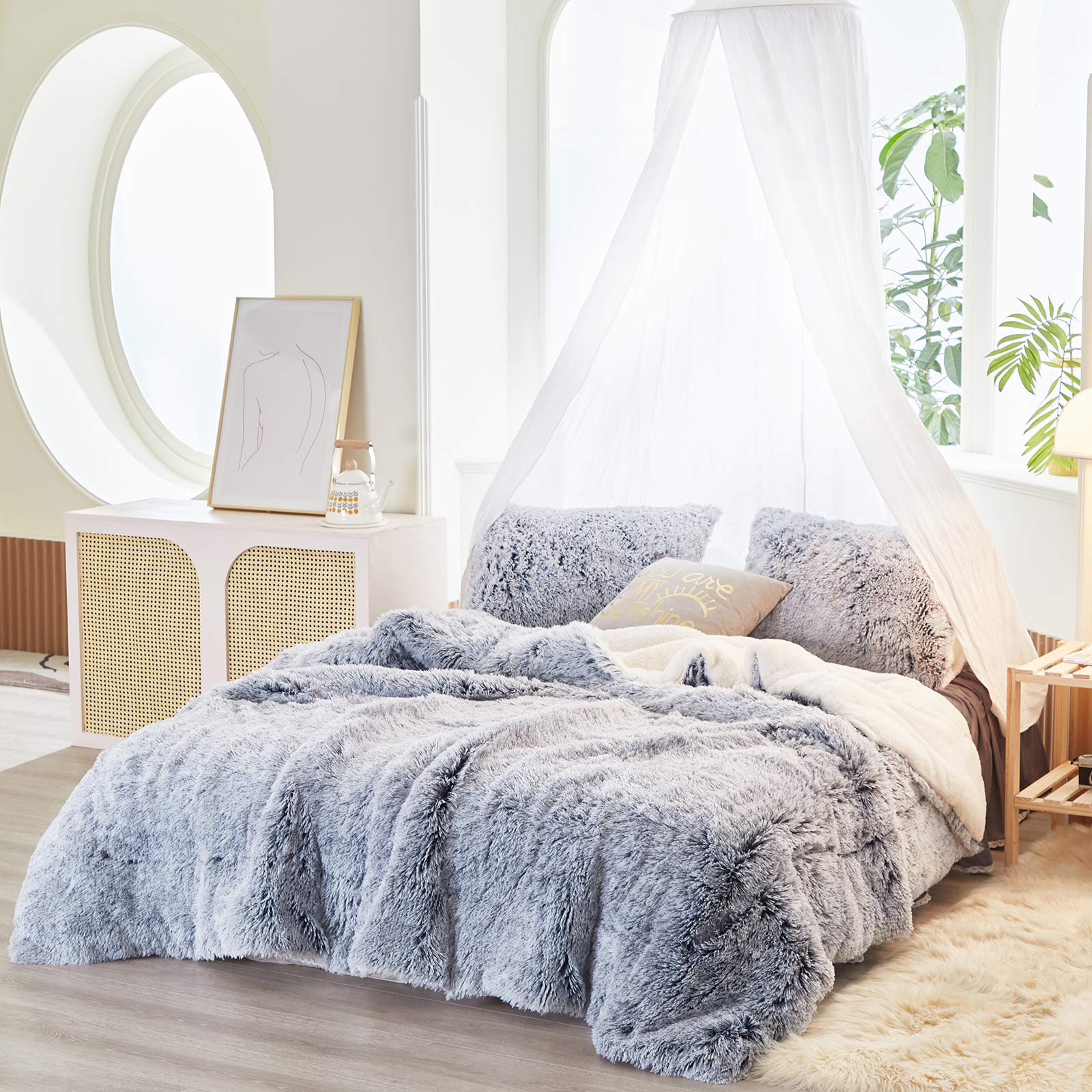 3-Piece Plush Shaggy Comforter Set, Full/Queen Size Luxury Faux Fur Sherpa Reversible