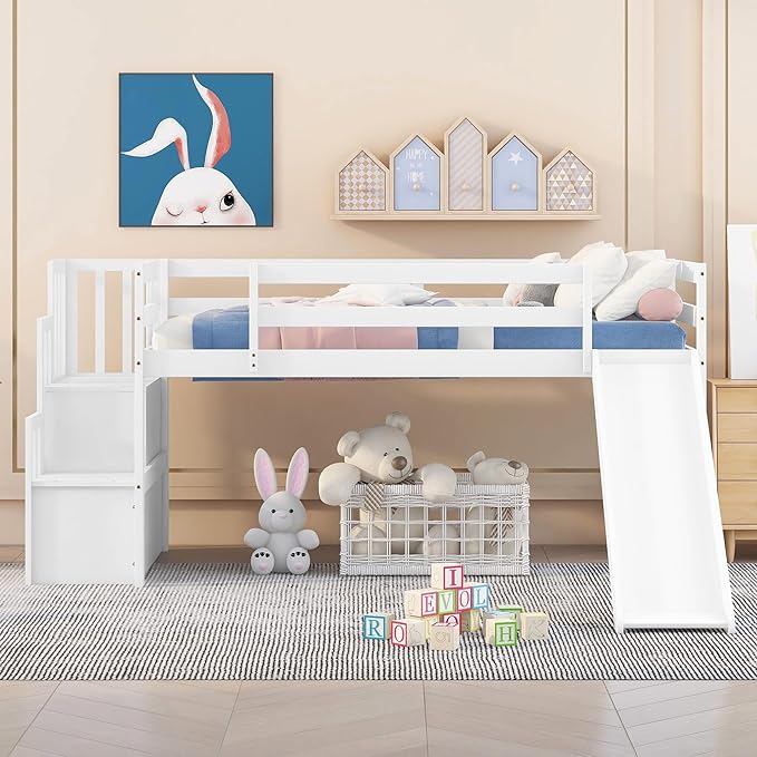 Twin Size Low Loft Bed for Kids,Loft Bed with Slide