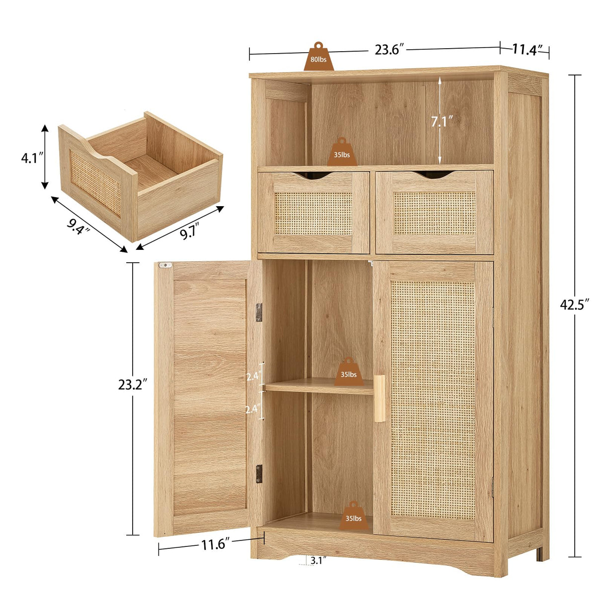 Cabinet, Bathroom Cabinet with 2 Rattan Doors & Rattan Cabinet with Doors, Accent