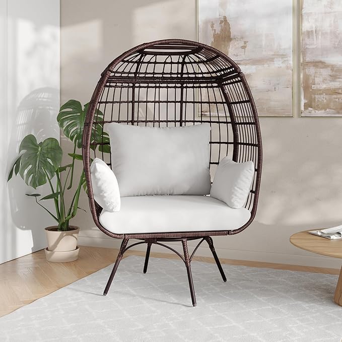 Commercial Indoor/Outdoor Swivel Lounge Chair, Oversized Wicker Egg Chair, 360 Degree Swivel, High Back, 4 Cushions, Gray