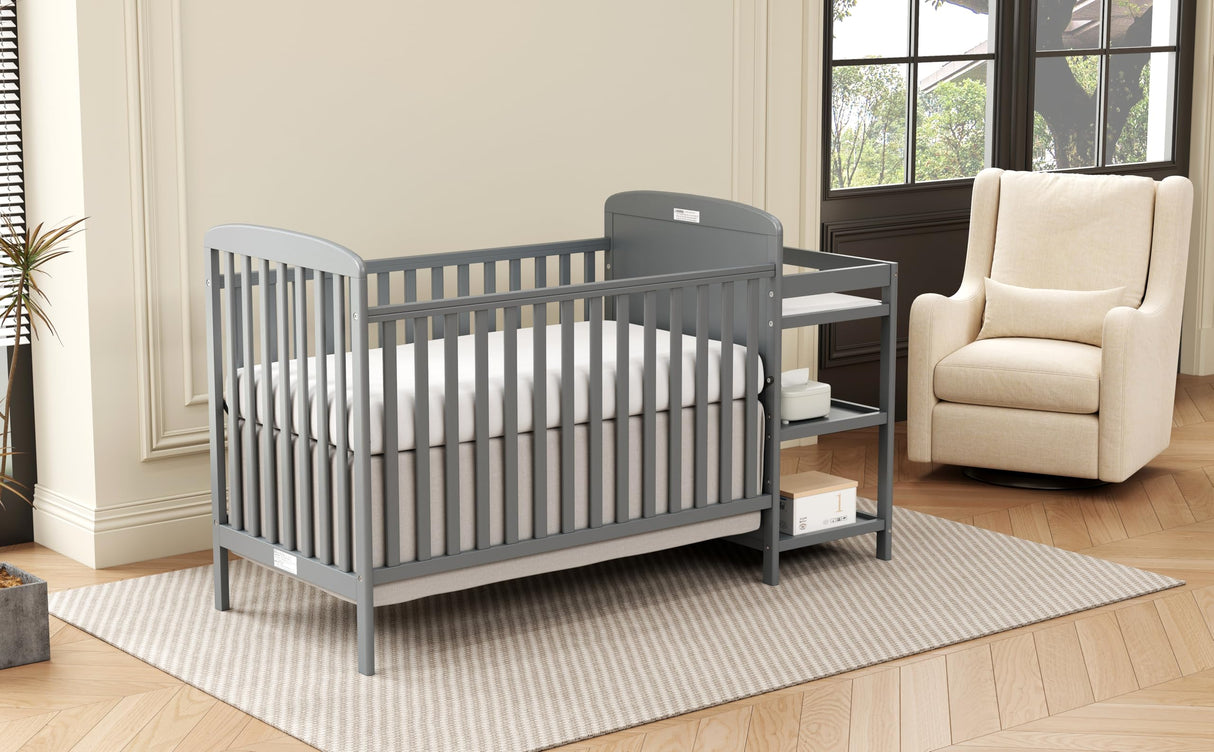 3-in-1 Baby Crib with Changing Table Combo, Wood Full Size Cribs Convertible Toddler Bed and Daybed with Storage Space for Nursery Furniture, 3 Mattress Height, Non-Toxic Finish (Storm Grey)