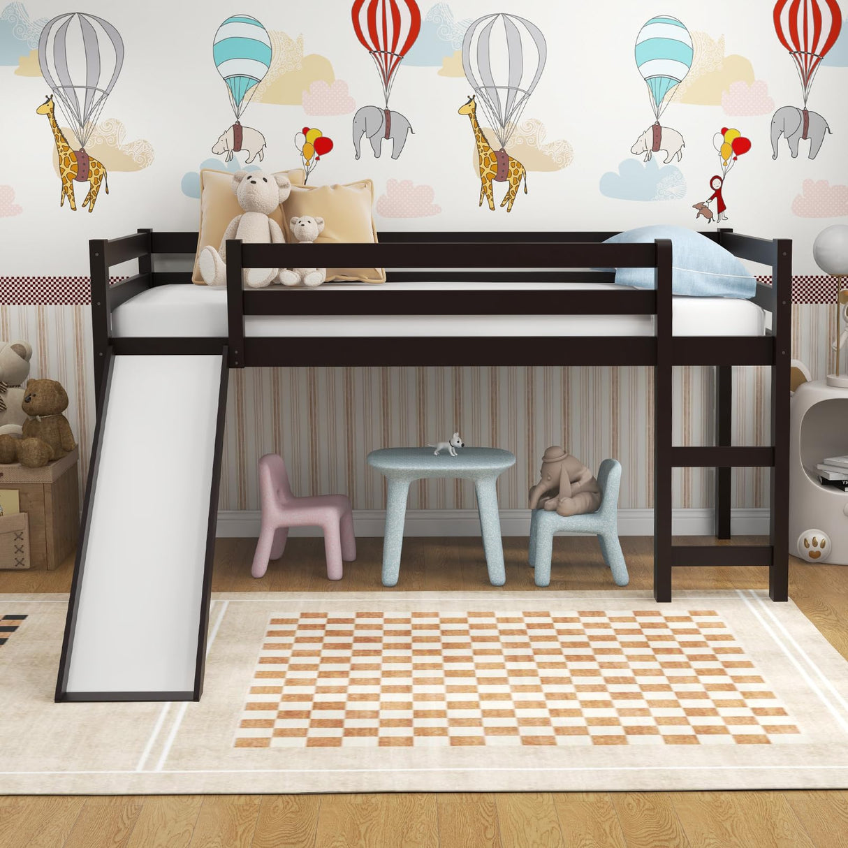 Twin Loft Bed with Slide, Wood Low Loft Bed for Kids