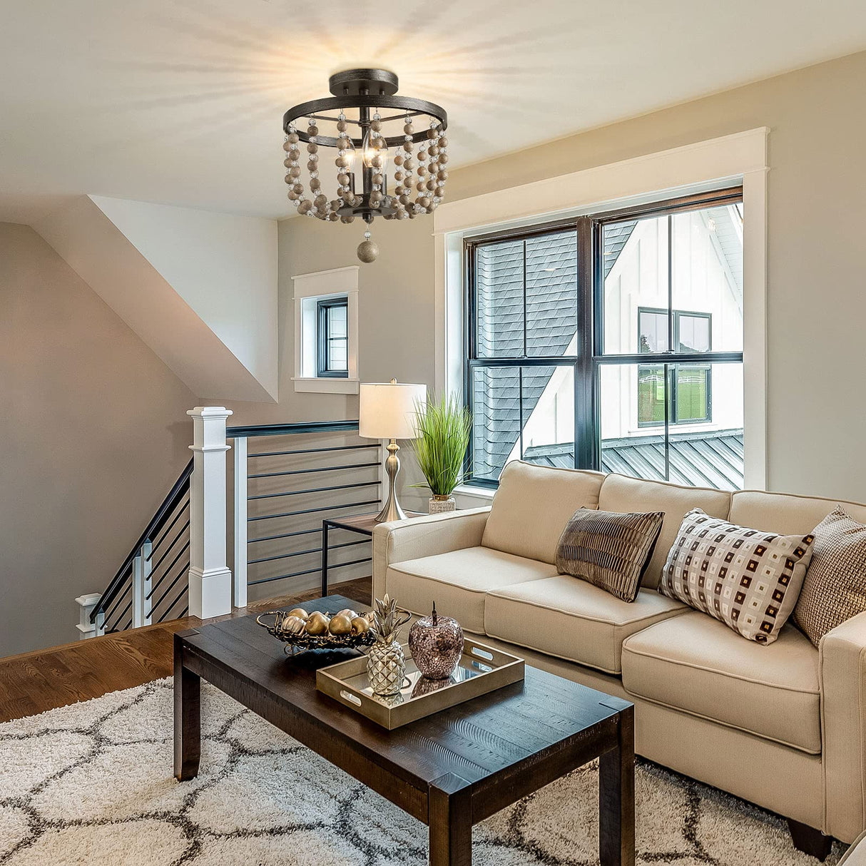 LALUZ Ceiling Light Fixture, 3-Light Bohemian Lighting for Entryway, Foyer, Distressed Wood Bead Chandelier, Dark Silver Brushed, 12 D” x 13.6” H