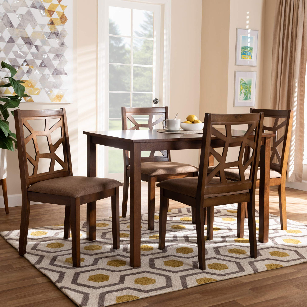 Abilene Dining Set Light Brown Fabric Upholstered and Walnut Brown Finished 5-Piece