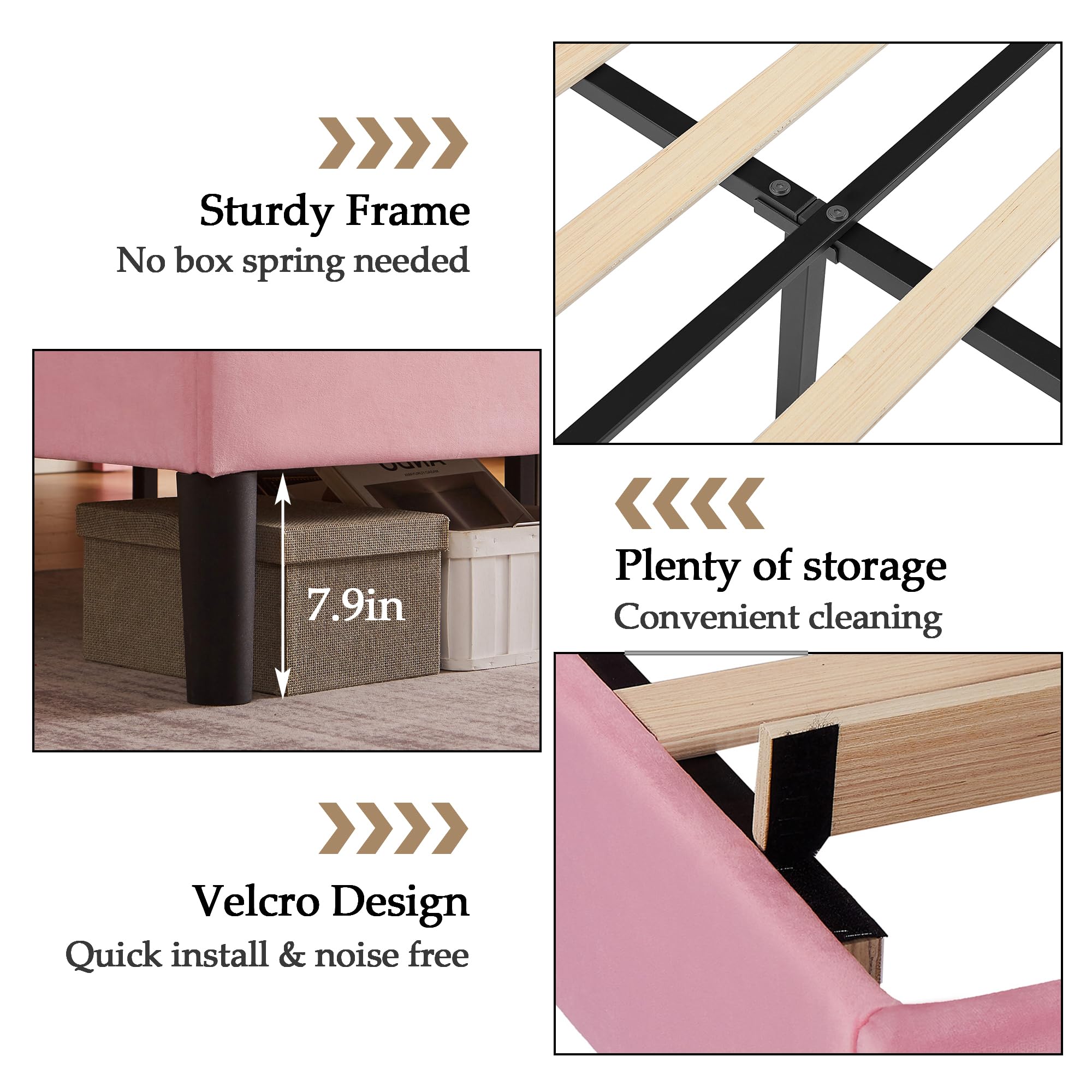 VECELO Queen Bed Frame Platform Bed Frame with Upholstered Headboard, Strong Frame and Wooden Slats Support, Strong Weight Capacity, Non-Slip and Noise-Free, Easy Assembly,Pink