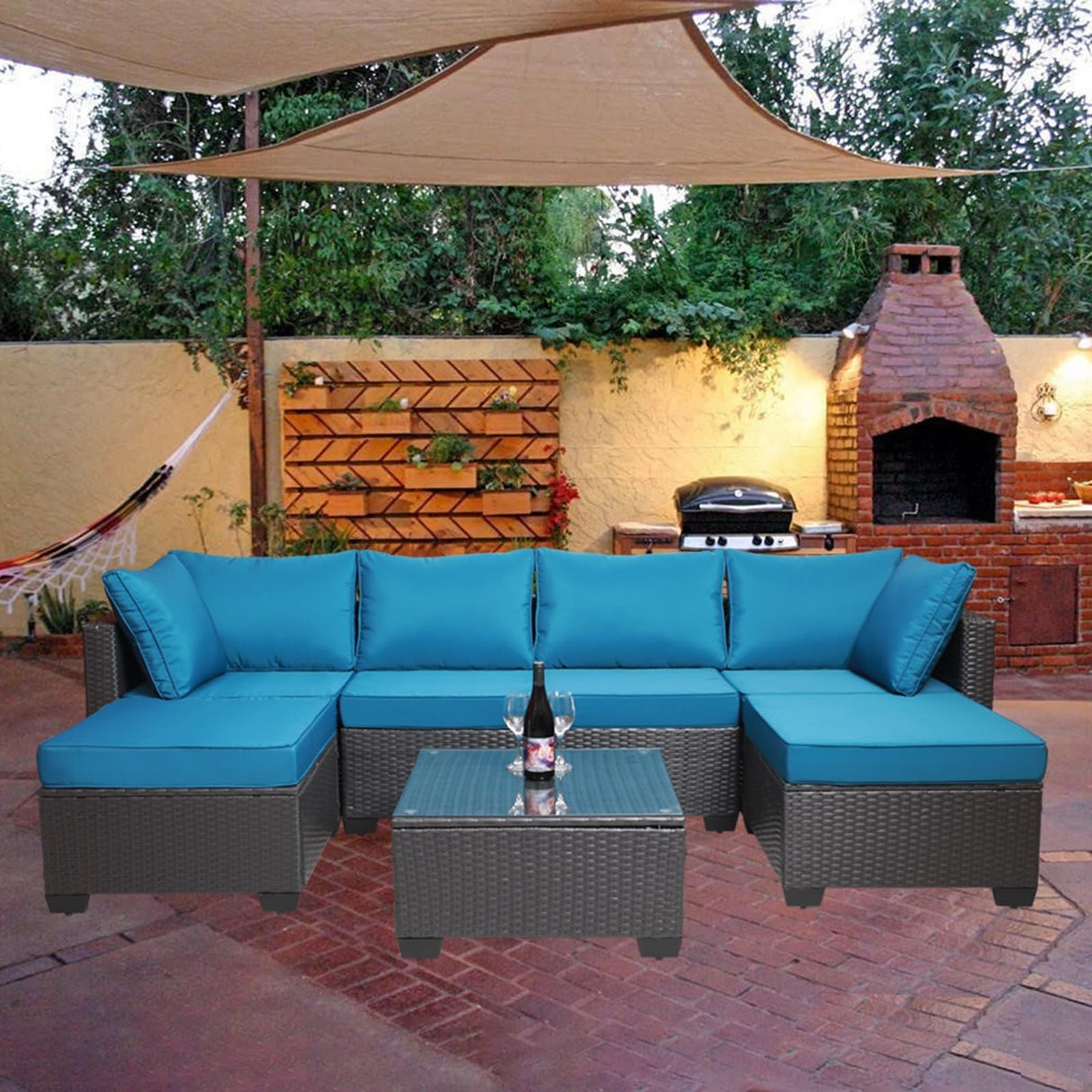 Outdoor Conversation Set Modern Outdoor Furniture 7PC Rattan Black Blue 4 Chair