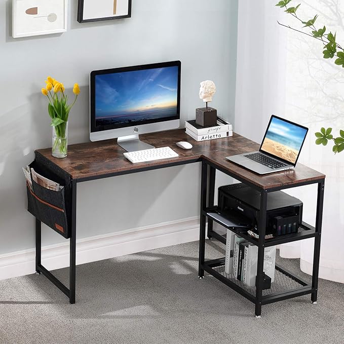 L Shaped Computer Desk 49 Inch Writing Study Corner Gaming Table with Storage Shelves and Side Bag, for Home Office Workstation