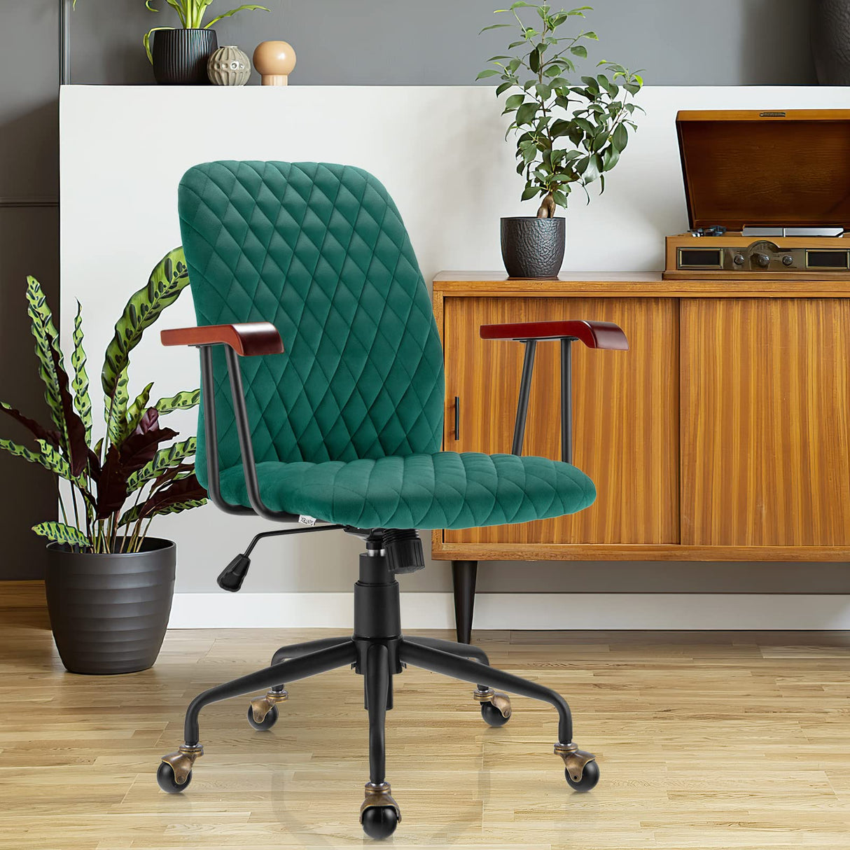 Vintage Green Velvet Office Chair - Adjustable Swivel Desk Chair with Copper Wheels