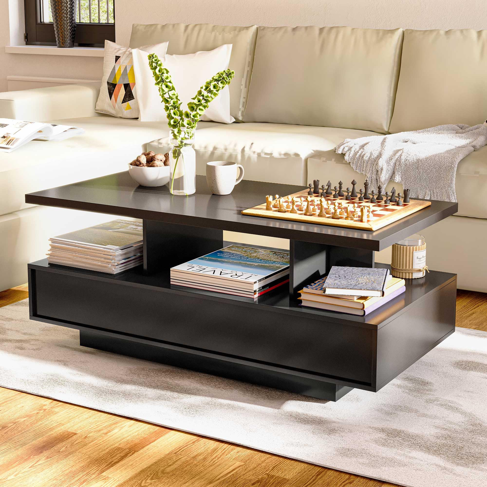 Storage, 2-Tier LED Coffee Tables for Living Room with APP & Remote Control