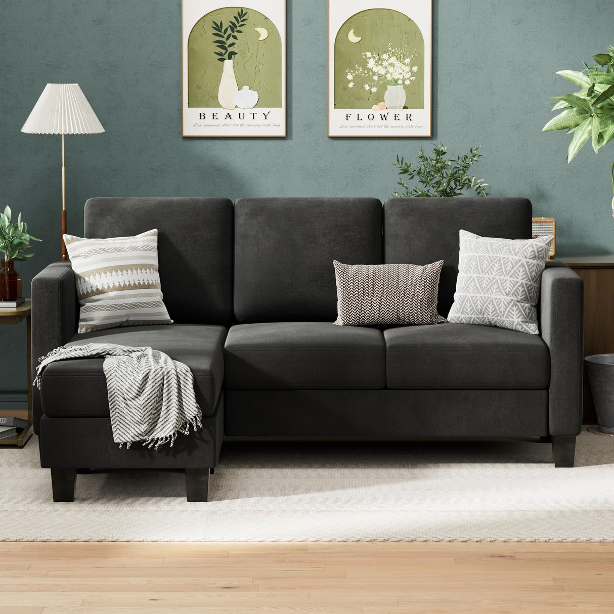 Sectional Sofa Couch 3 seat L-Shaped Sectional Sofa with Linen Fabric Ottoman Small