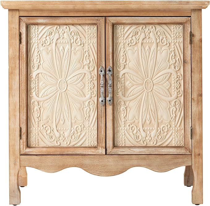 Natural Flower Pattern Carved Wood Farmhouse Cabinet – Sideboard Storage Unit