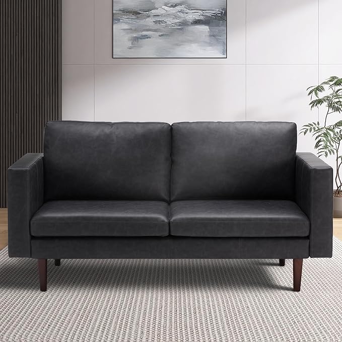 65" Loveseat Sofa, Love Seat, Faux Leather Sofa, Mid Century Modern Couch