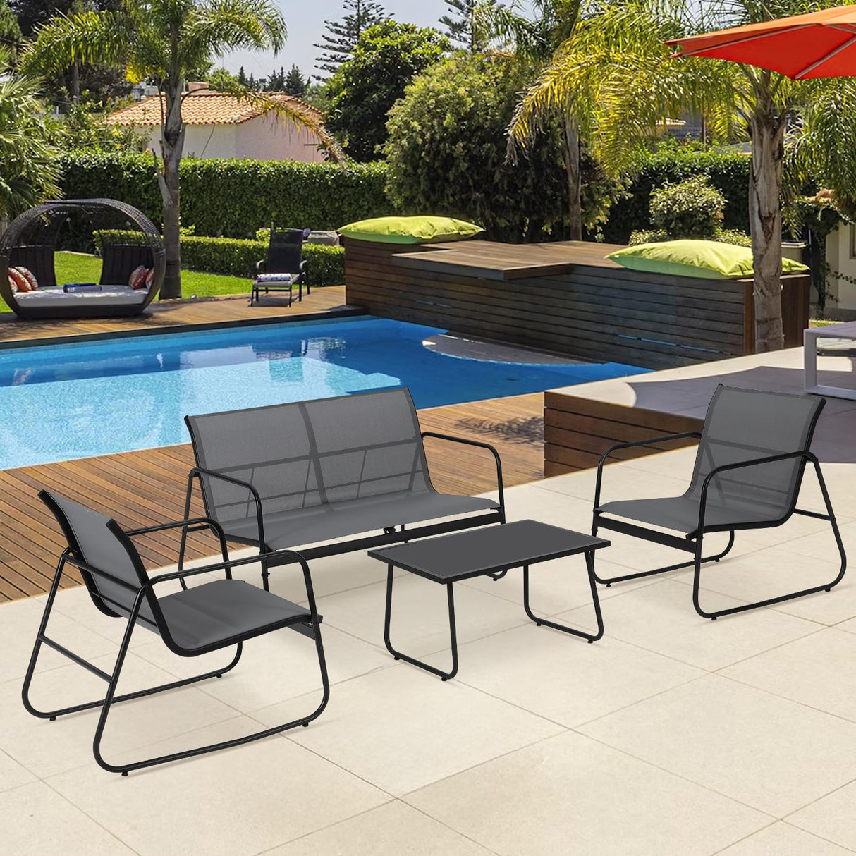 4 Pieces Outdoor Patio Furniture Set with Loveseat and 2 Textilene Fabric Chairs a Glass