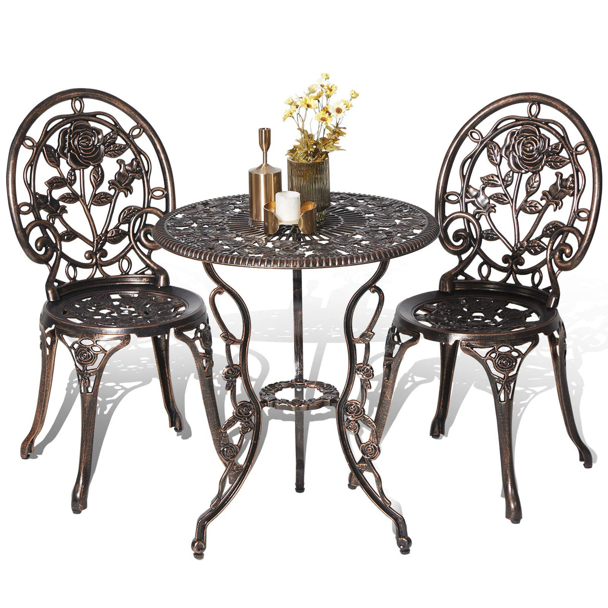 3-Piece Outdoor Bistro Table and Chairs Set - Rose Pattern Cast Aluminum Patio Furniture