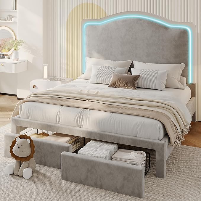 Bed Frame with 51" Adjustable Headboard, Upholstered Platform Bed with