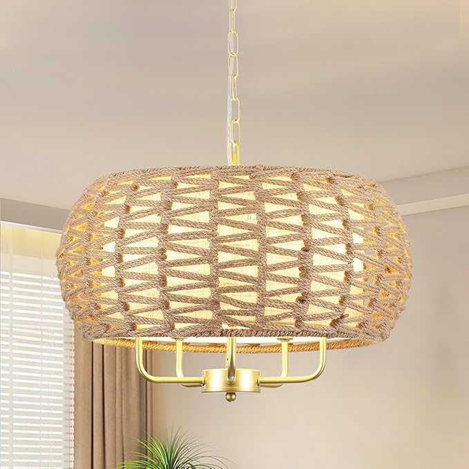 Rattan Chandelier for Dining Room 5-Light Boho Chandeliers Light Fixture Brown and Black