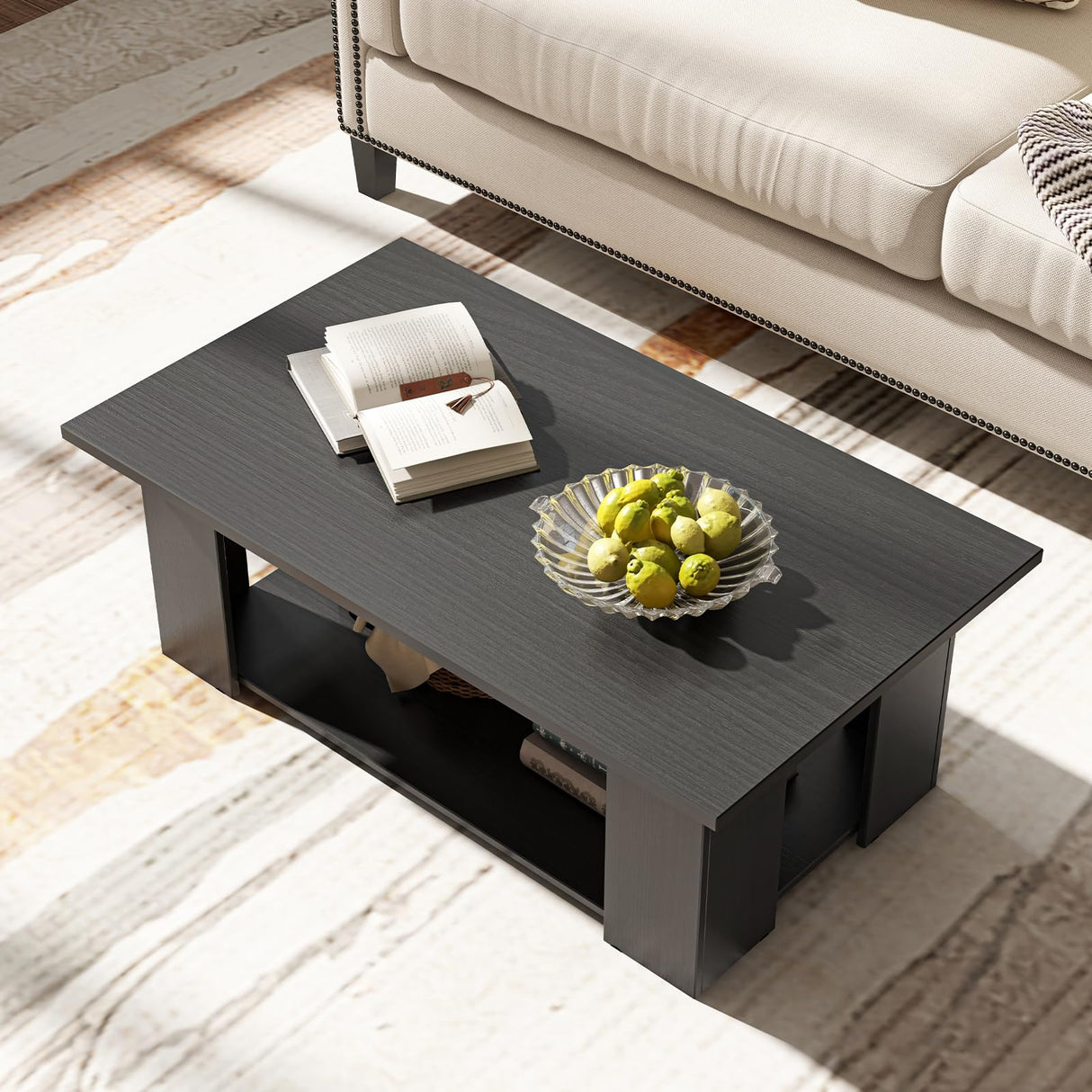 2-Tier Coffee Table, Modern Rectangular Center Cocktail Table with 5 Support Legs