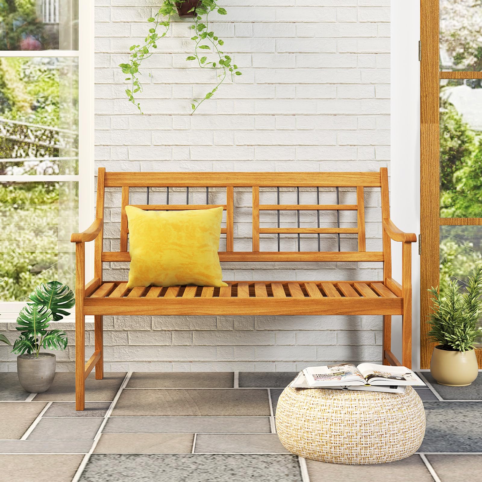 Patio Acacia Wood Bench, Wooden 2-Person Outside Chair w/Curved Armrests