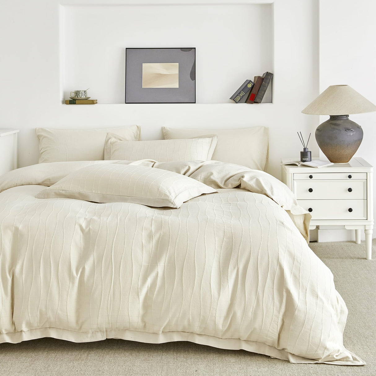 Jacquard Plaid Duvet Cover Queen 100% Cotton Cream Jacquard Duvet Cover 3 Pcs Set