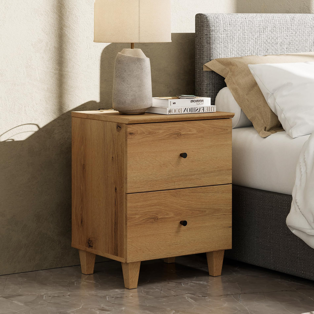 Nightstands with Charging Station&2 Drawers Storage Shelf