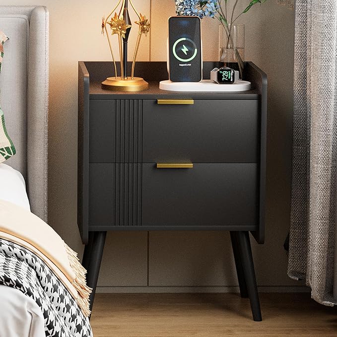 White Nightstand Modern Bedside Table with 2 Storage Drawer, Small Night Stand
