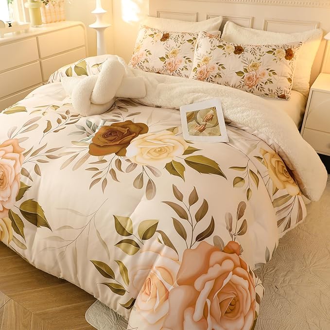 Floral Print Sherpa Comforter Set - Queen Size 3 Pieces Elegant Flowers Botanical Bedding Set Warm Cozy Beige 1 Quilt