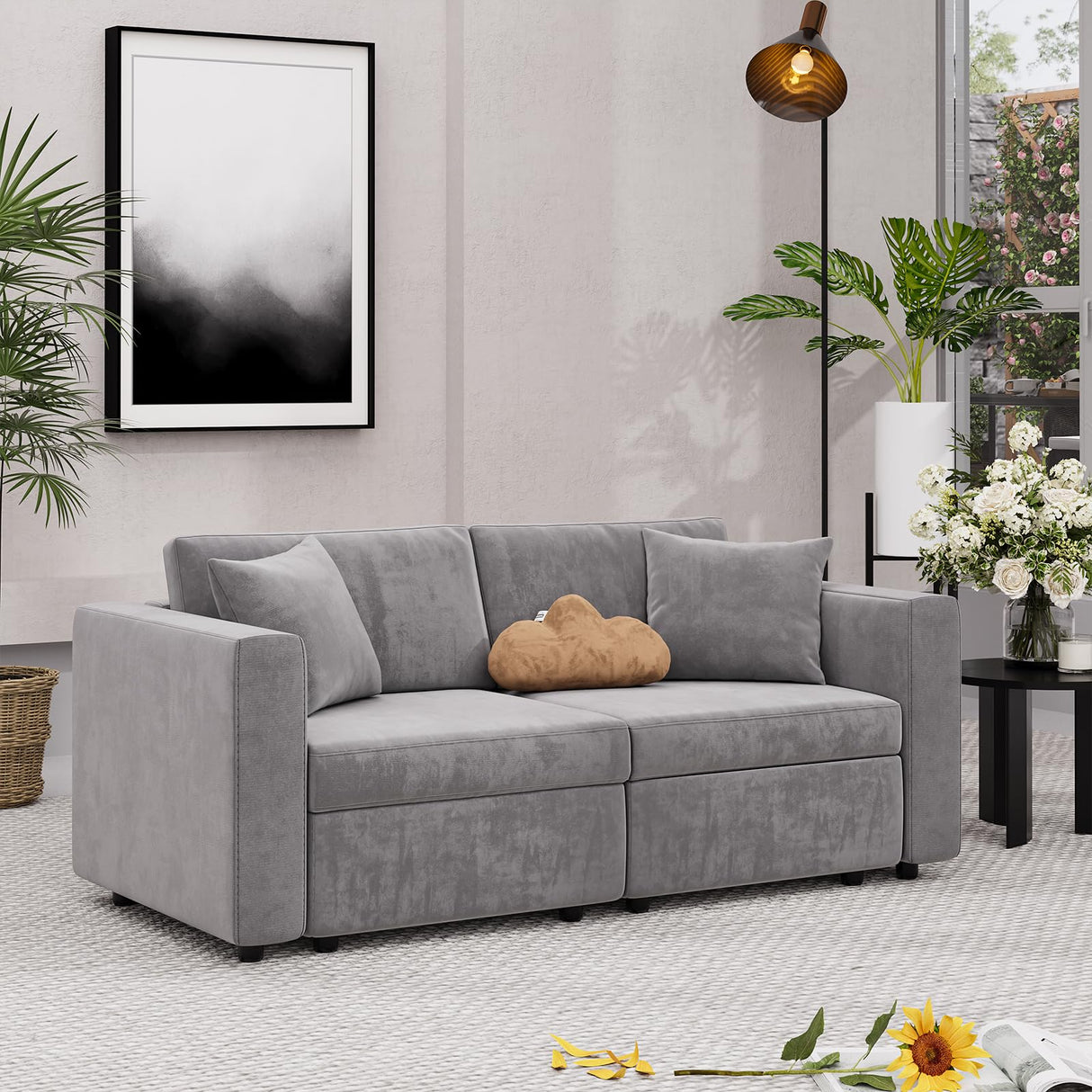 Sofa Couch with Seats Storage, Comfy Velvet Fabric Couch