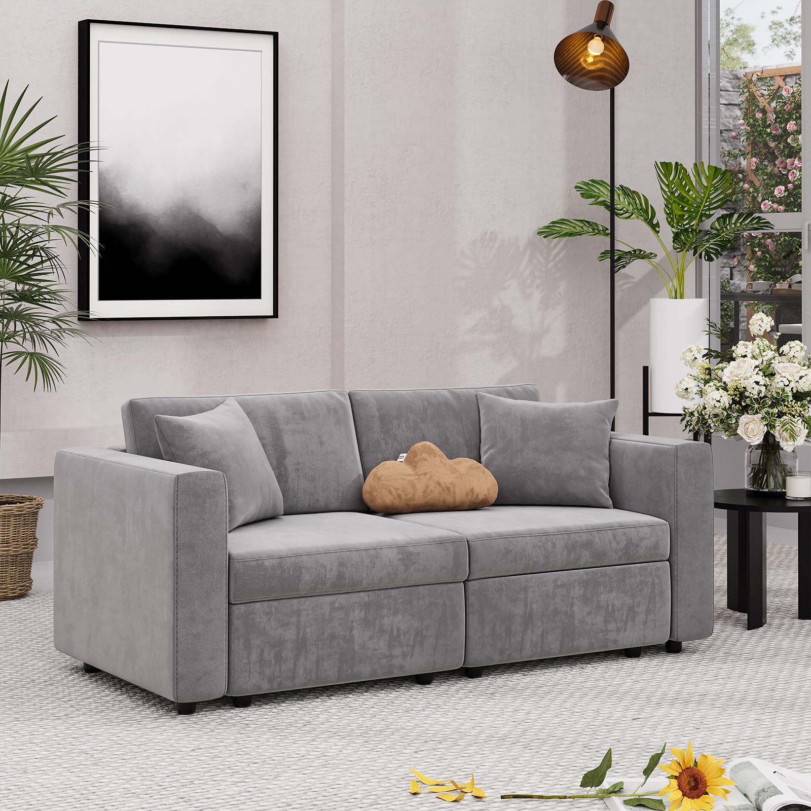 Sofa Couch with Seats Storage, Comfy Velvet Fabric Couch