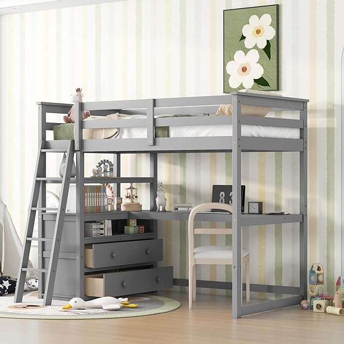 Full Size Loft Bed with Desk and Shelves