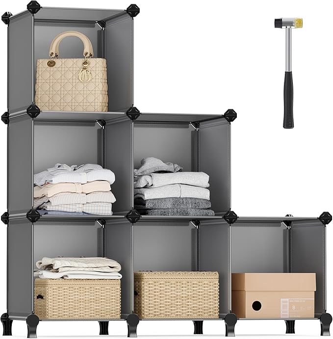 6 Cube Storage Organizer, DIY Closet Shelf, Plastic Clothes Organizer, Modular Bookcase, 11.8 x 11.8 x 11.8 Inch Cubes, with Feet and Rubber Mallet, Black ULPC06H