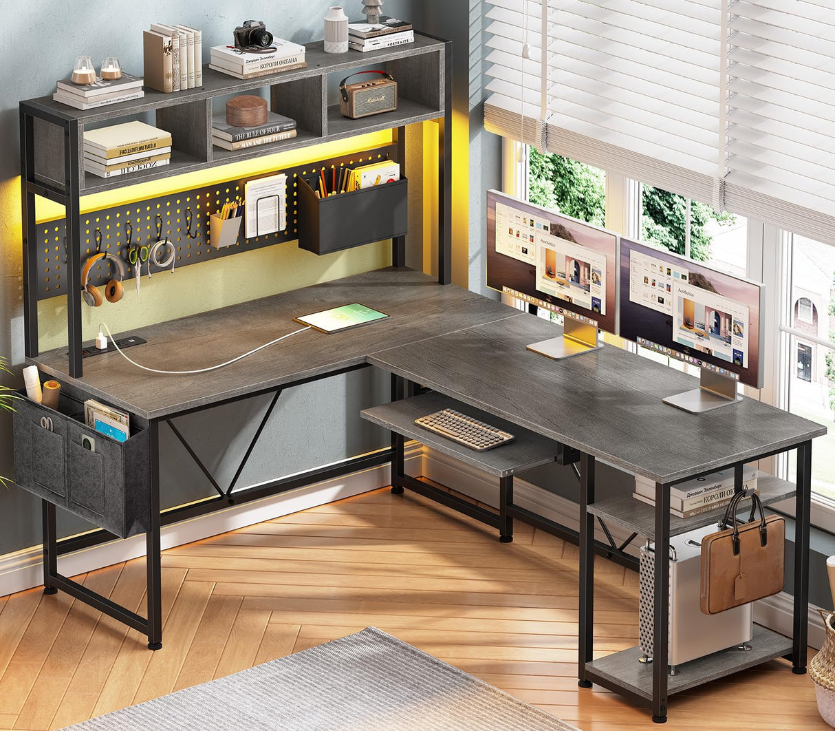 Corner Computer Desk with Storage Shelves, 57.5” Reversible Home Office Desk