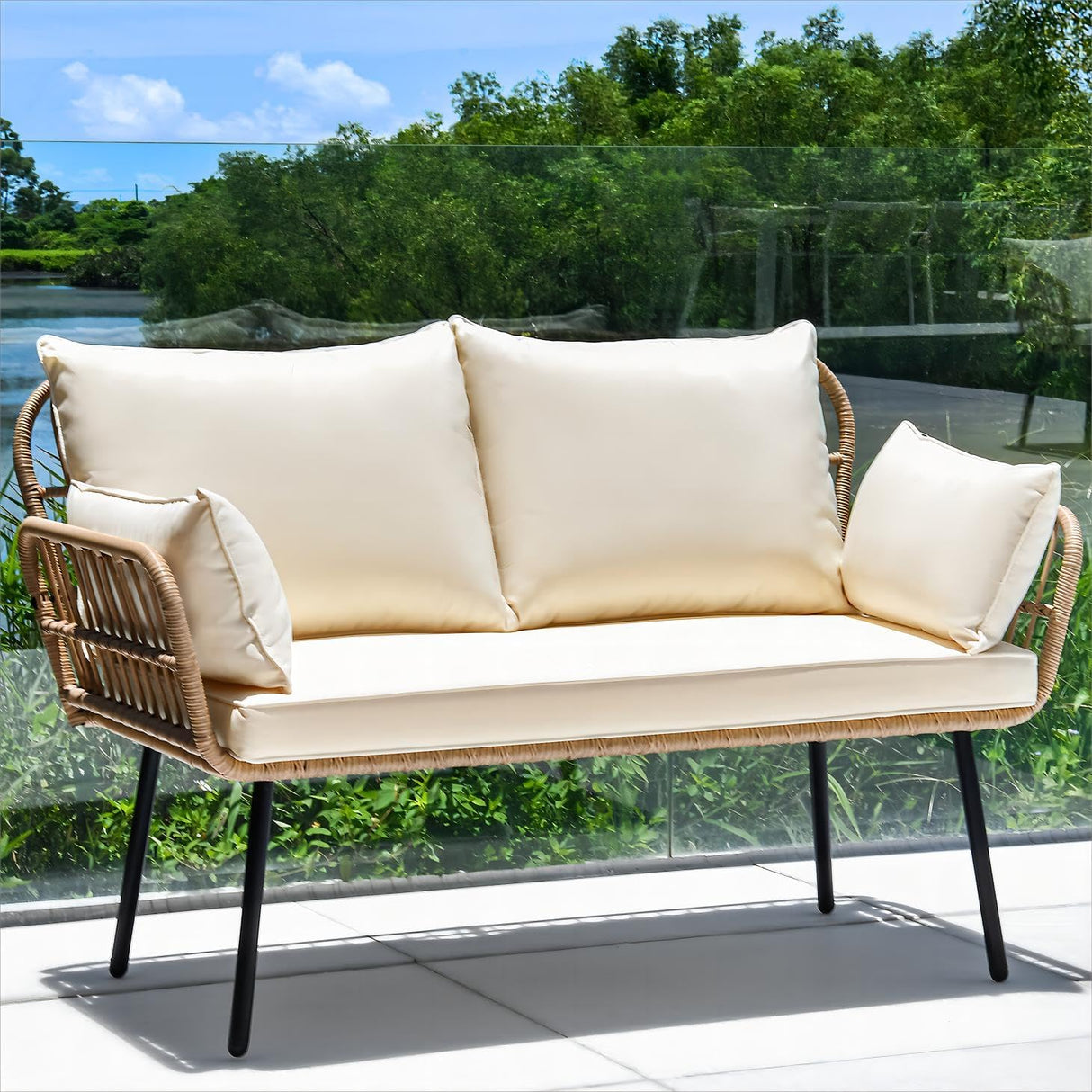 Love Seat Patio Sofa, All-Weather Wicker Loveseat Patio Sectional Furniture
