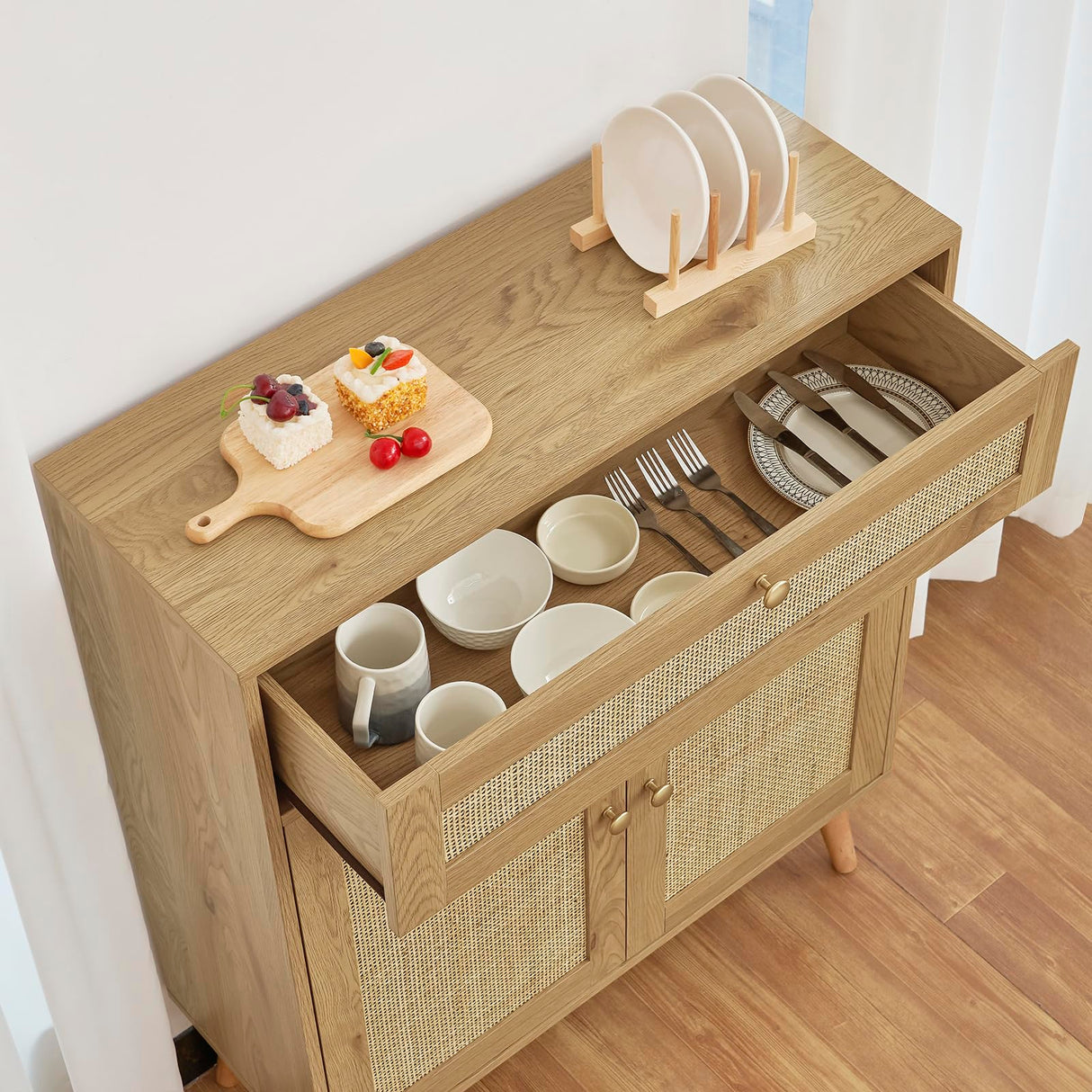 Iwell Storage Cabinet with Adjustable Shelf, Rattan Cabinet with Large Drawer, Sideboard Bufffet Cabient with Storage, Bathroom Storage Cabinet, Accent Cabinet for Entryway, Natural