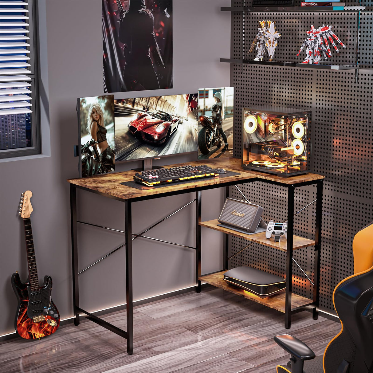 Small Computer Desk,40 Inch L Shaped Desk with Storage Shelves,Gaming Desk,Home Office Corner Reversible Pc Desk,Study Writing Table,Brown