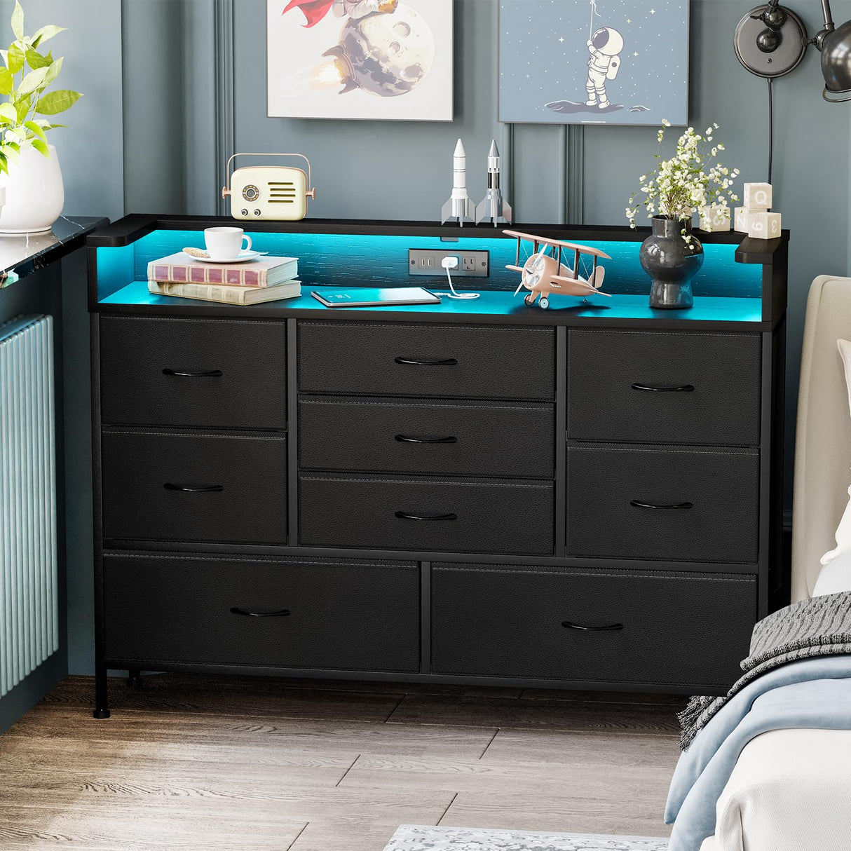 Black LED Dresser for Bedroom, Dresser with 9 Drawers