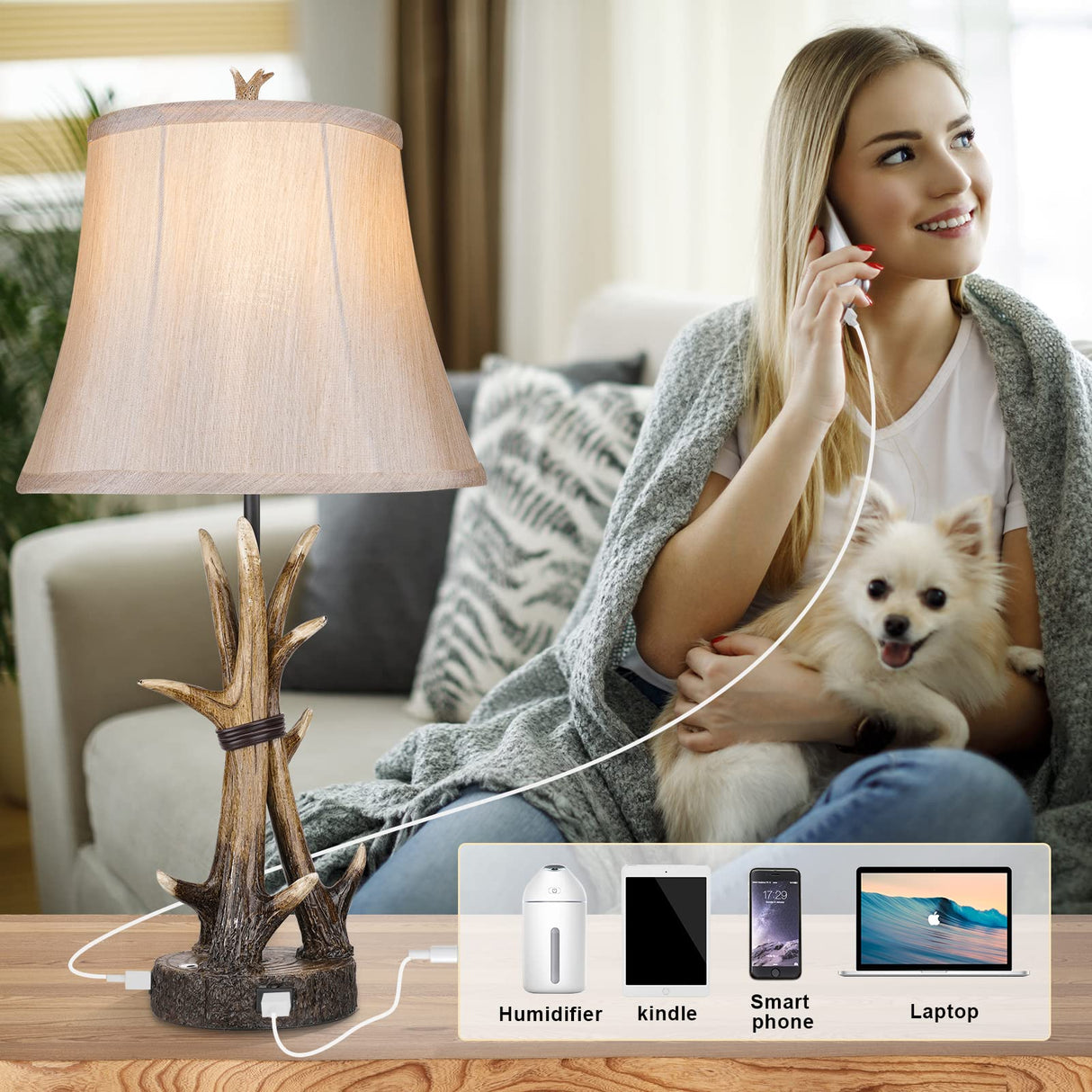 Rustic Antler Table Lamps Set of 2 with USB Charging Ports