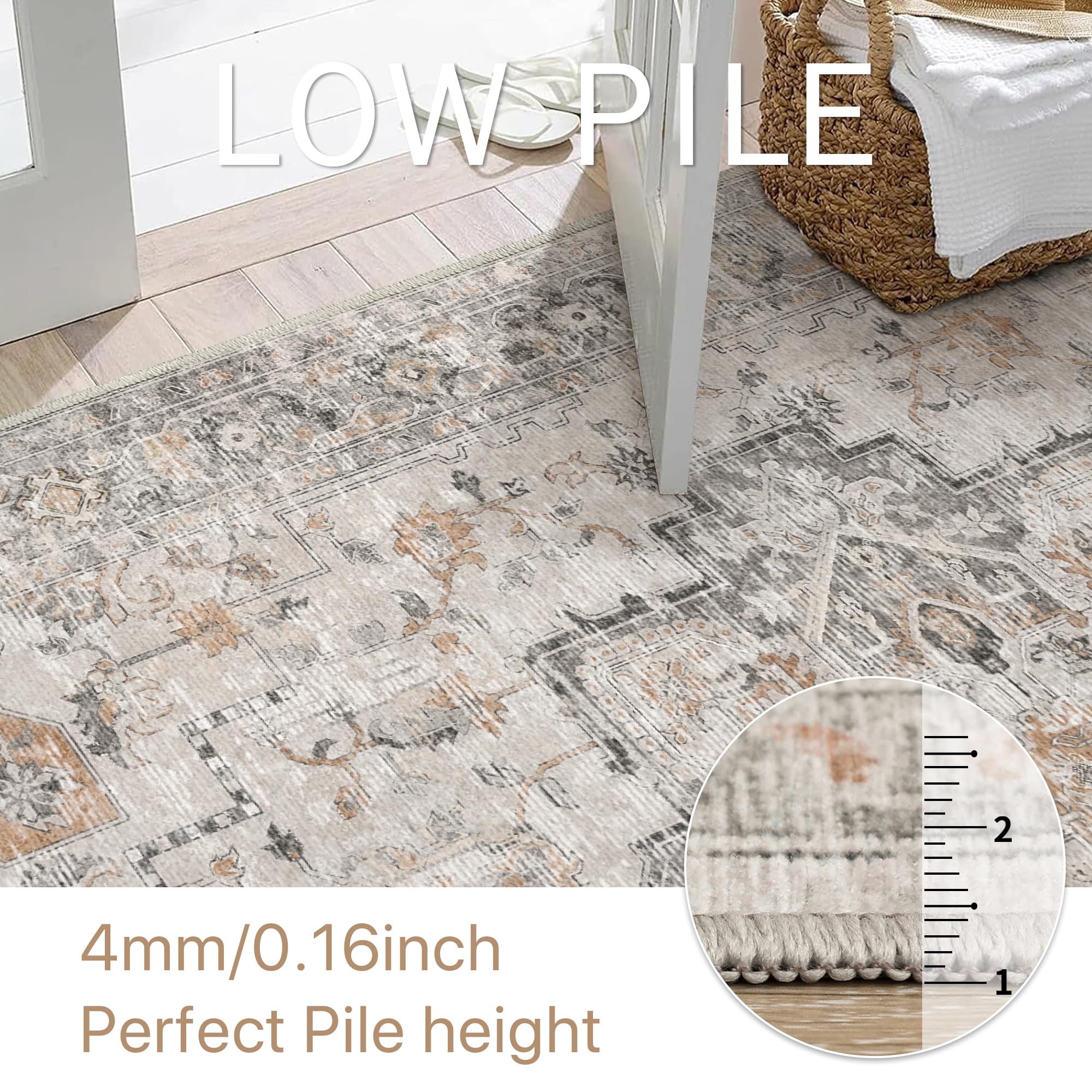 3x5 Area Rugs for Living Room, Machine Washable Non Slip Vintage Retro Rugs, Low Pile