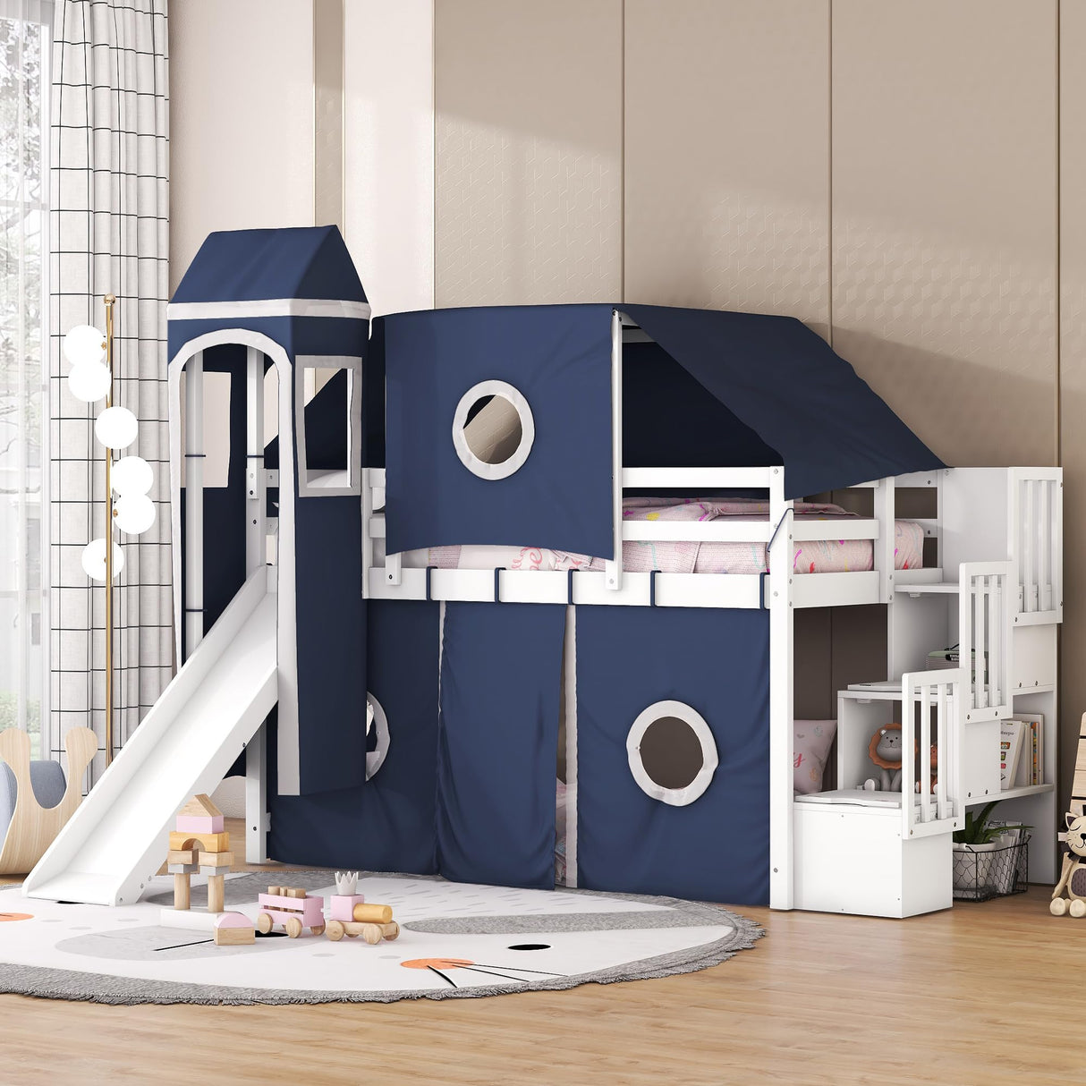 Designs House Loft Bed with Slide and Storage Stairs, Wood Kids Loft Bed with Tent and Tower
