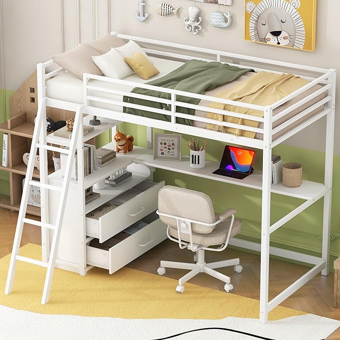 Kid’s Twin Metal Loft Bed with Desk and Cabinet Loft Bed