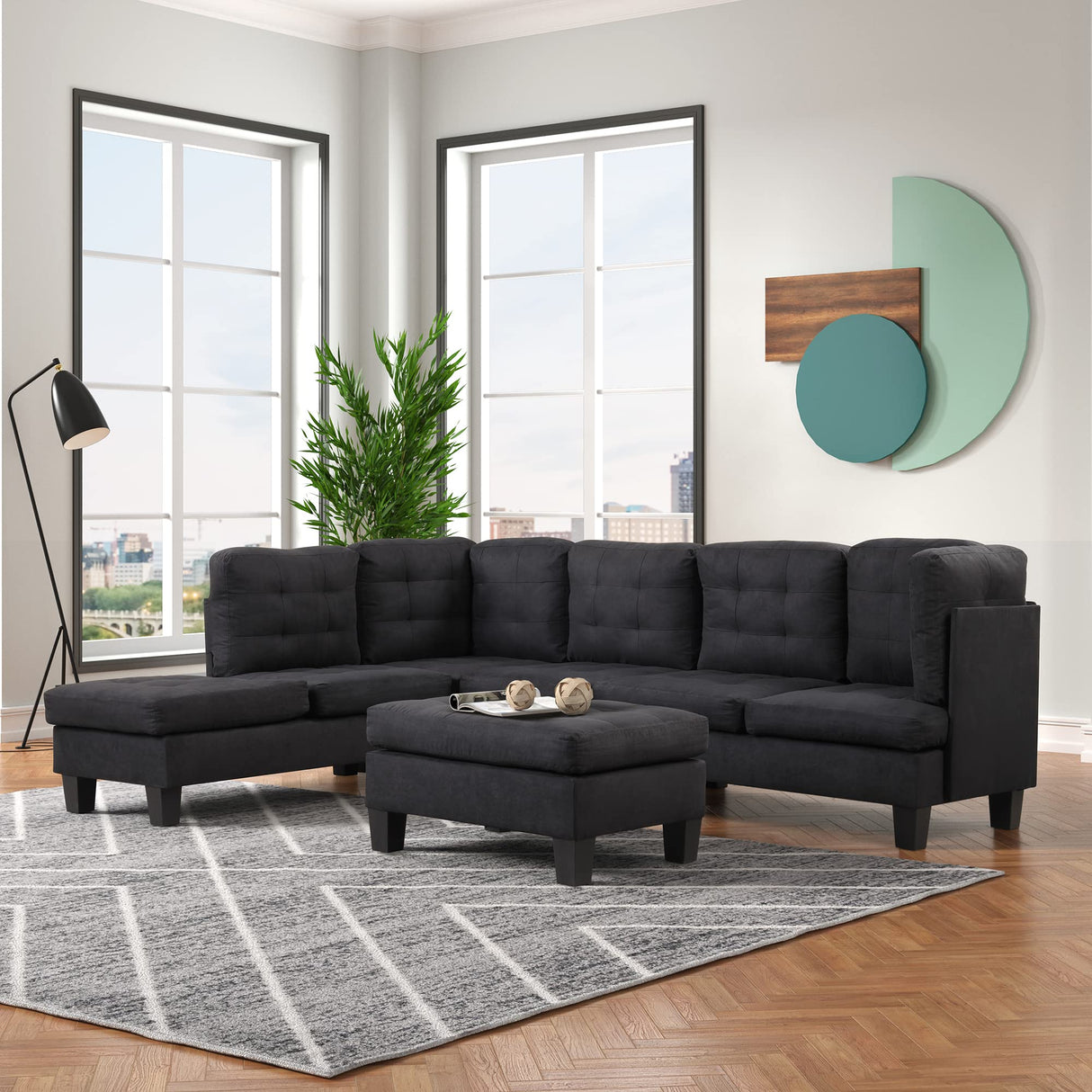 3 Piece Modern Tufted Micro Suede L Shaped Sectional Sofa Couch