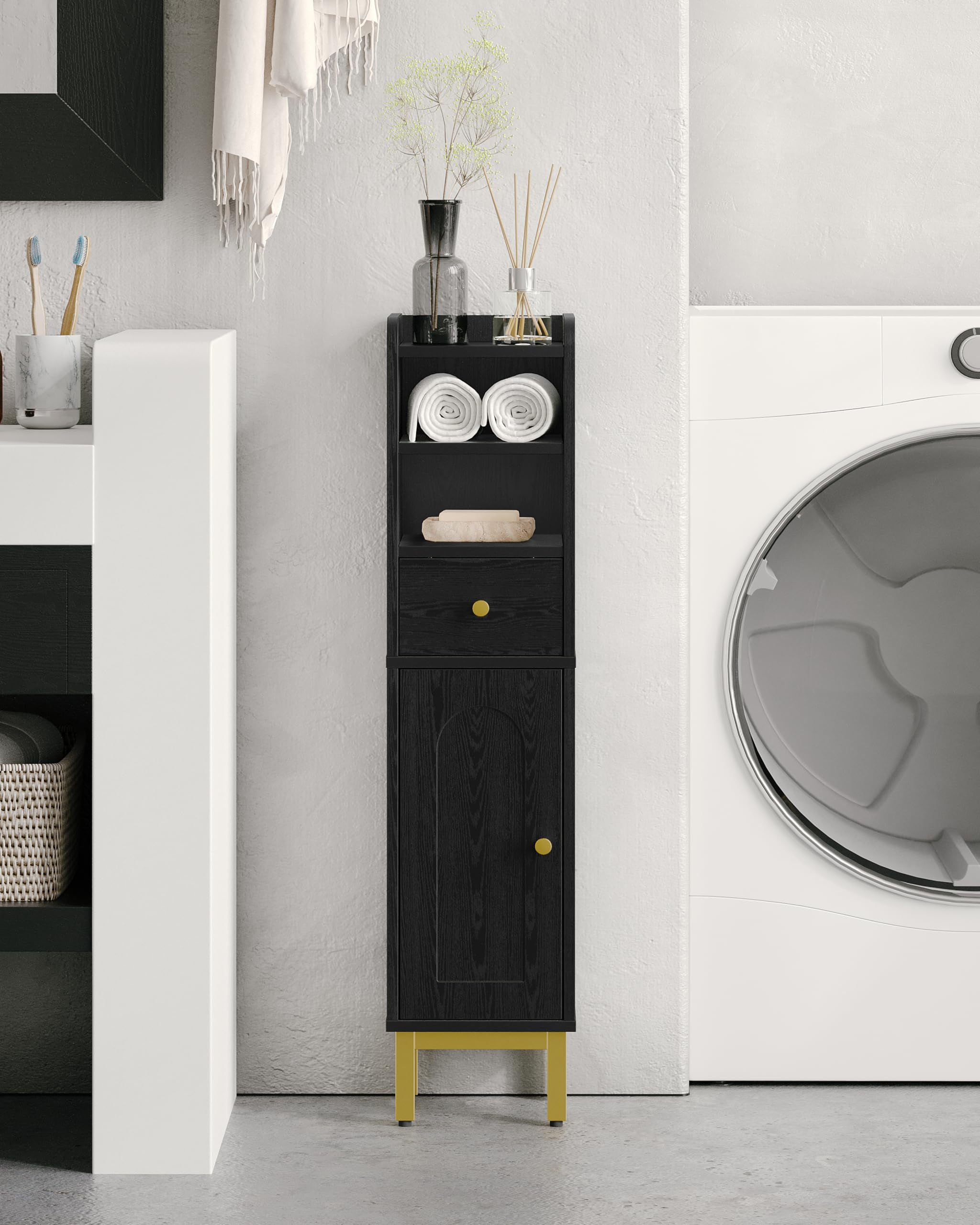 Bathroom Storage Cabinet, Corner Floor Cabinet with Drawers and Doors, Narrow Toilet