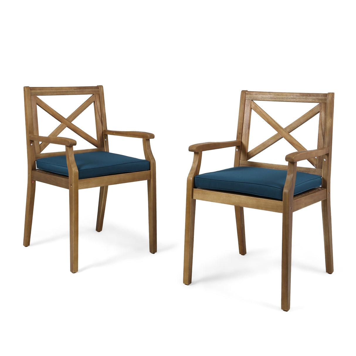 Outdoor Acacia Wood Dining Chair Set of 2, Teak/Blue Cushion