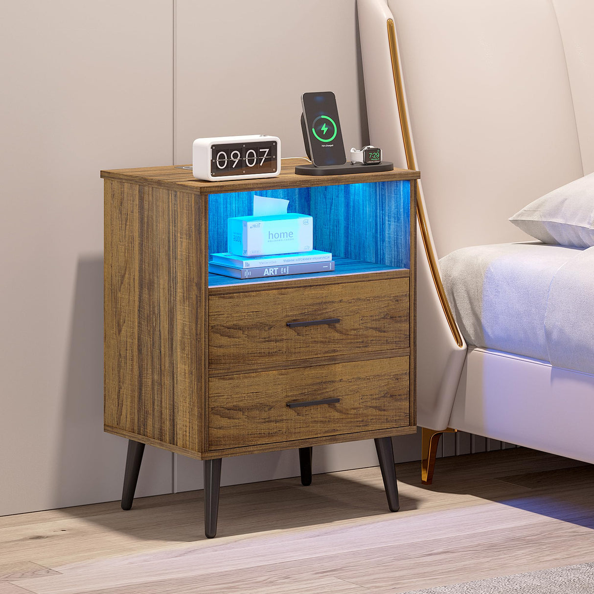 Mid Century LED Nightstand, 3 Colors Dimmable Light, Bedroom Wood Night Stand with Charging Station
