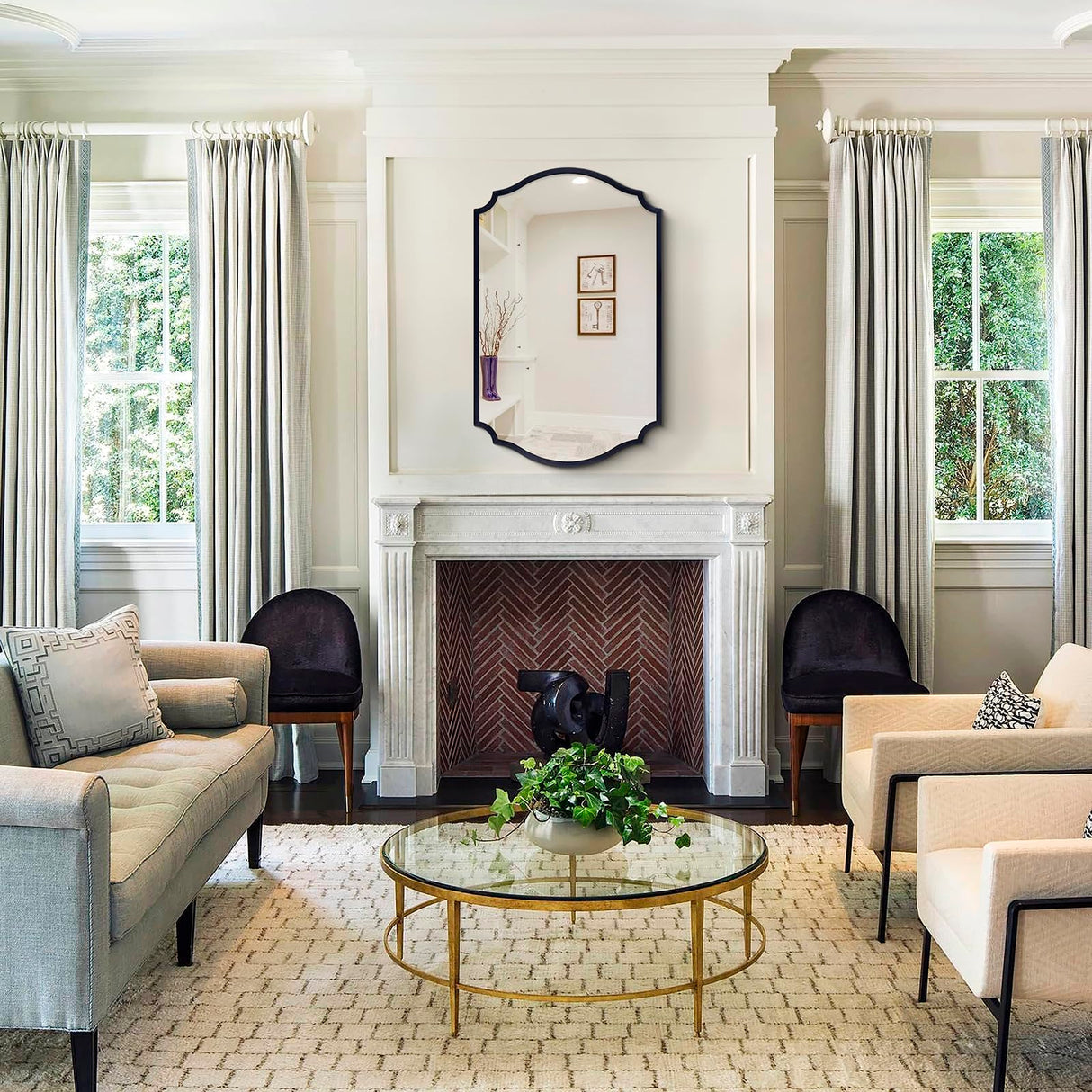 32x20 Black Arched Bathroom Mirror with Scalloped Frame