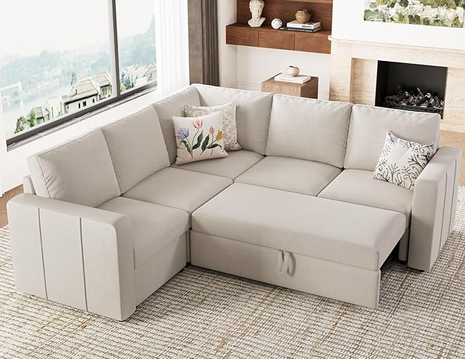 Modular Sectional Sleeper Sofa with Pull Out Couch Bed Velvet Fabric Loveseat Sleeper