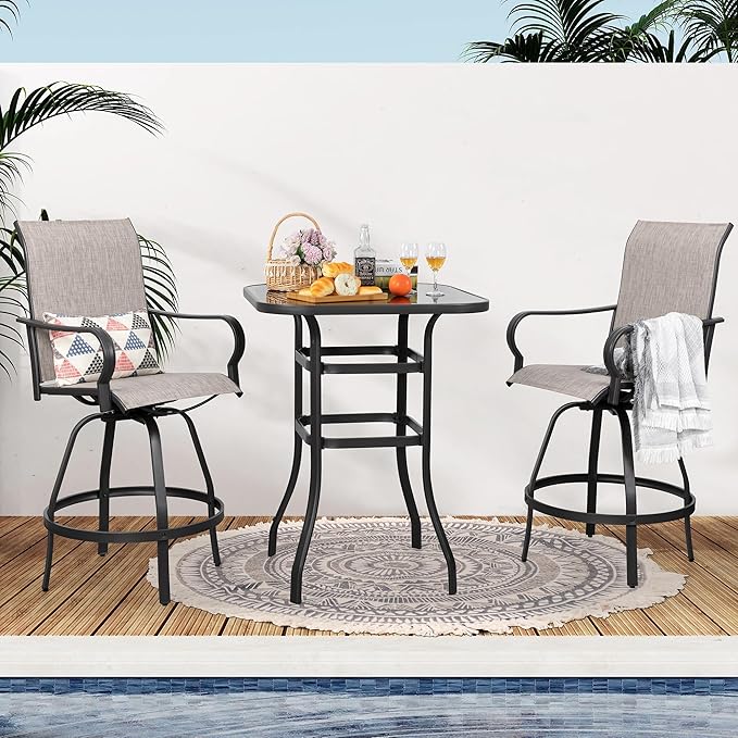 3 Pieces Outdoor Swivel Bar Set, All Weather Textile Fabric Patio High Bar Stool Bistro Set