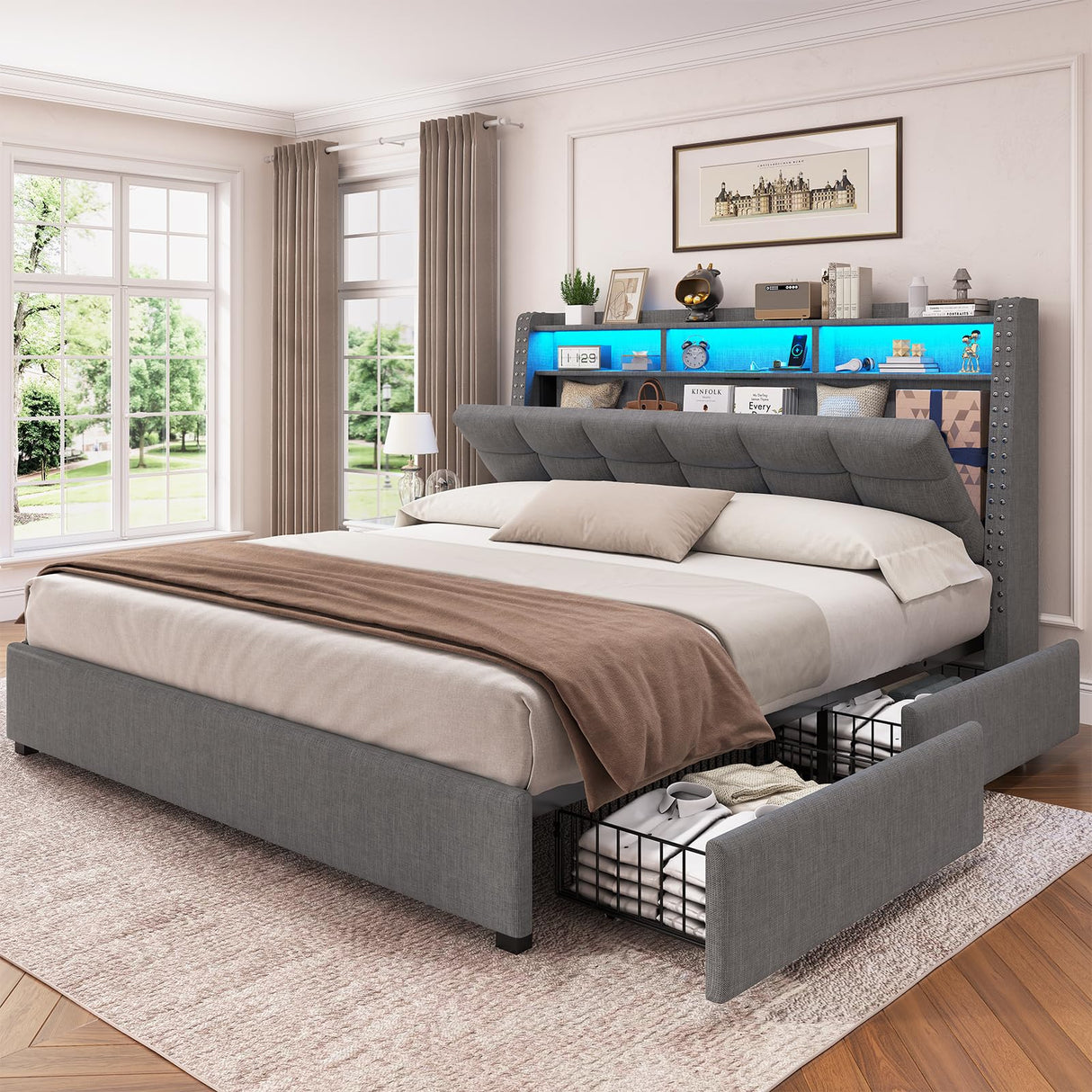 Full Size Bed Frame with Headboard & 4 Drawers