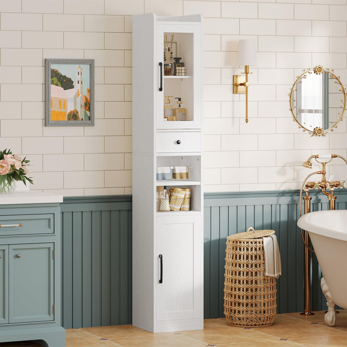 Tall Bathroom Cabinet with Drawer and Door, 71" H Slim Freestanding Narrow Storage Cabinet