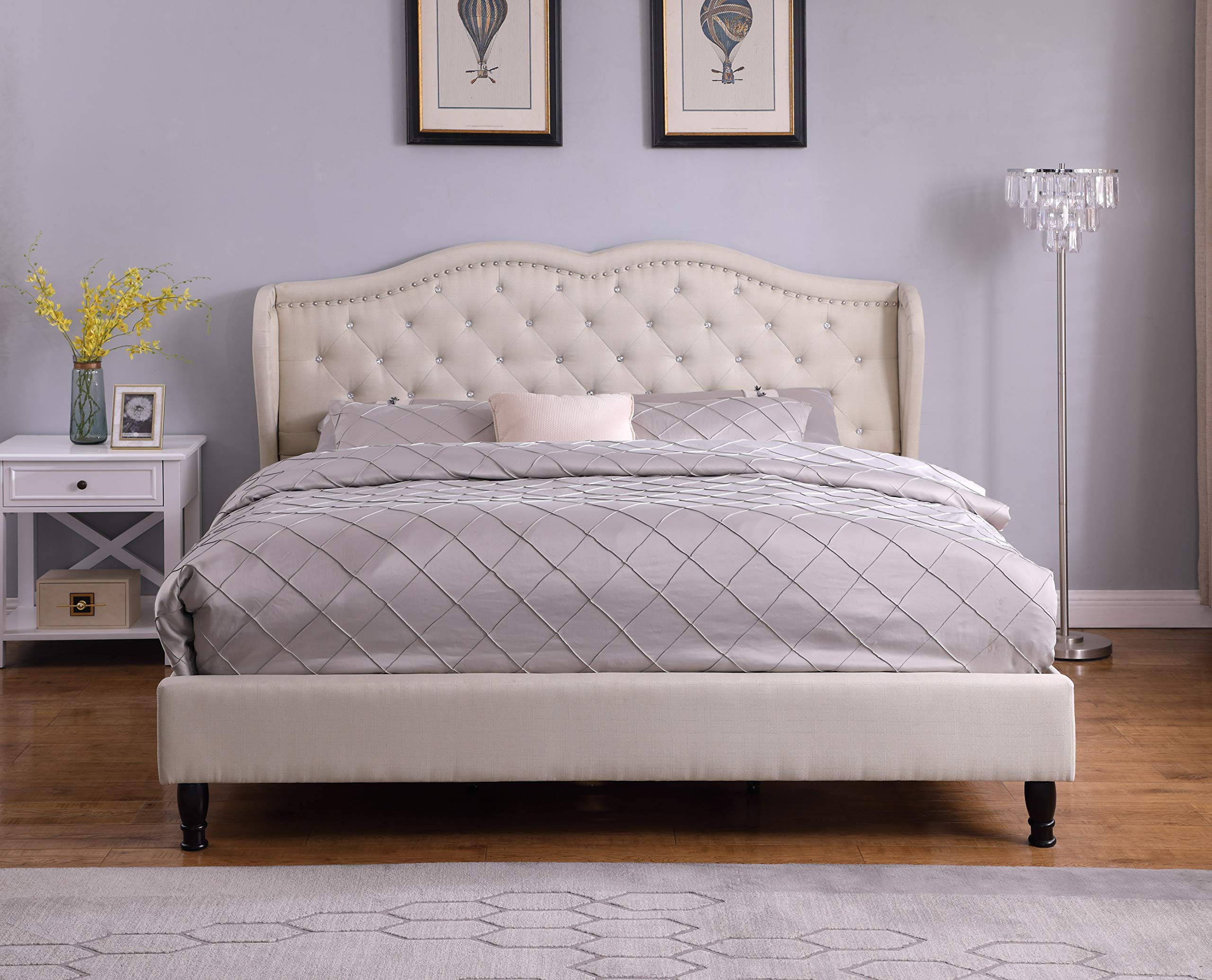Premiere Curved Classics Cloth Light Beige Linen 51" Tall Headboard Platform Bed with Slats King - 019